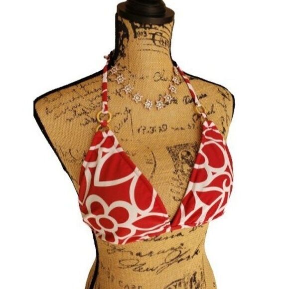 Women's Bikini Swimwear Strappy Padded Bikini Swim Top Red White Small - Picture 1 of 9